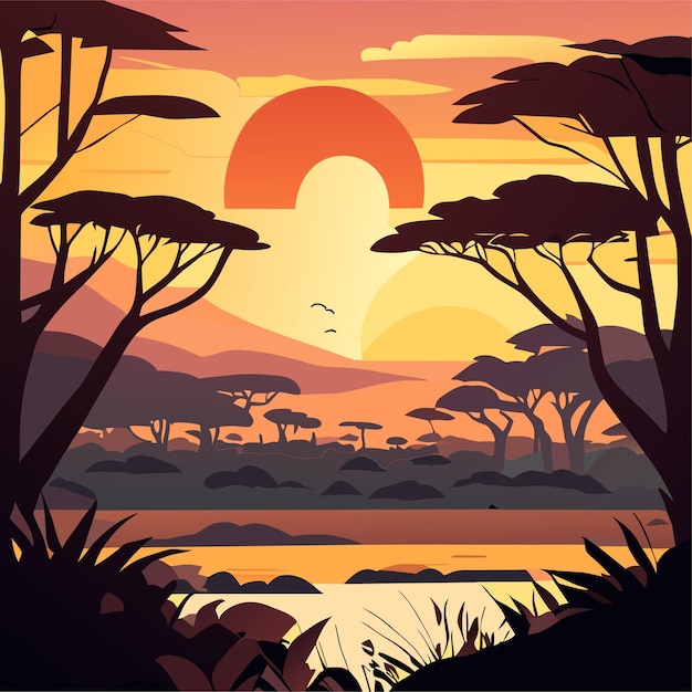 Vettore paesaggio della foresta di savana al tramonto