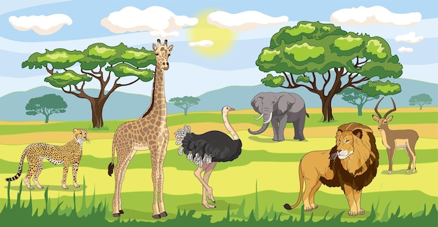 Vector savanna landscape nature park or tropical safari with wild animals green trees and grass