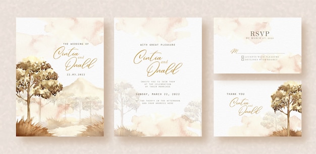 Savanna landscape watercolor background on wedding invitation