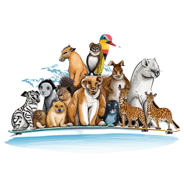 Vettore savannah_animals_on_snowboard_vector_illustrated