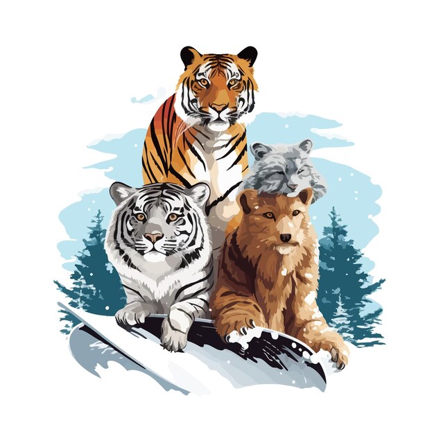 Vector savannah_animals_on_snowboard_vector_illustrated