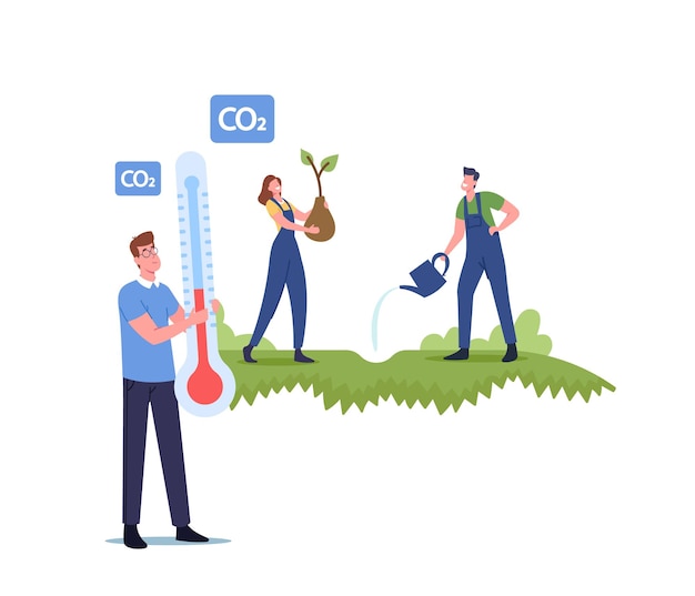 Save biosphere, stop global warming concept. revegetation, reforestation and planting, volunteer characters planting trees, save nature, environment protection. cartoon people vector illustration