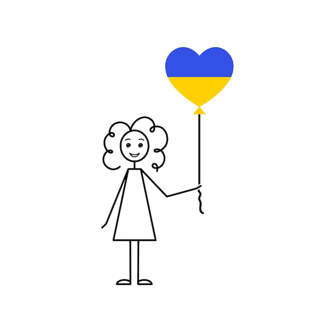 Save the children happy ukrainian girl love Ukraine sketch curly girl with a heart shaped balloon black line vector illustration