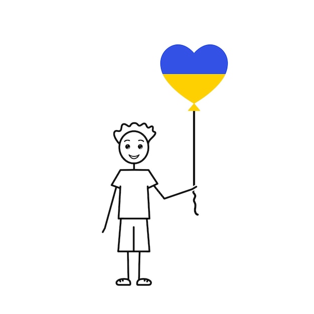 Save the children happy ukrainian kid love Ukraine sketch boy with a heart shaped balloon black line vector illustration