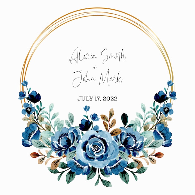 Save the date. Blue floral wreath watercolor with golden frame