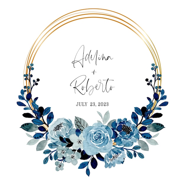 Save the date blue floral wreath with watercolor