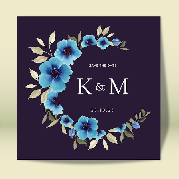 Save The Date Blue Flower Wreath Template Watercolor Design
