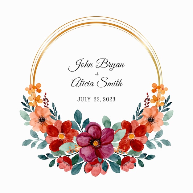 Save the date. burgundy and brown floral wreath with watercolor