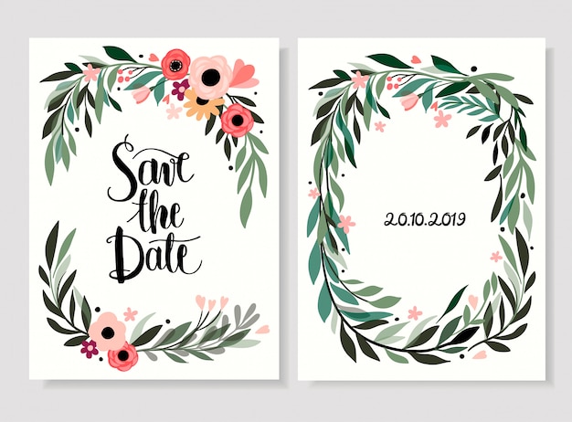 Save the date card/invitation with hand drawn floral and hand lettering 