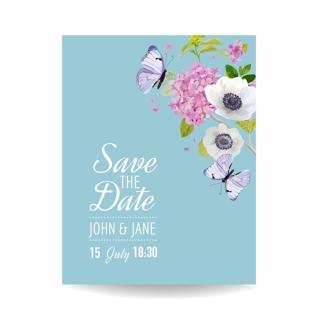 Save the Date Card Wedding Invitation Template. Botanical Card with Hydrangea Flowers and Butterflies. Greeting Floral Postcard