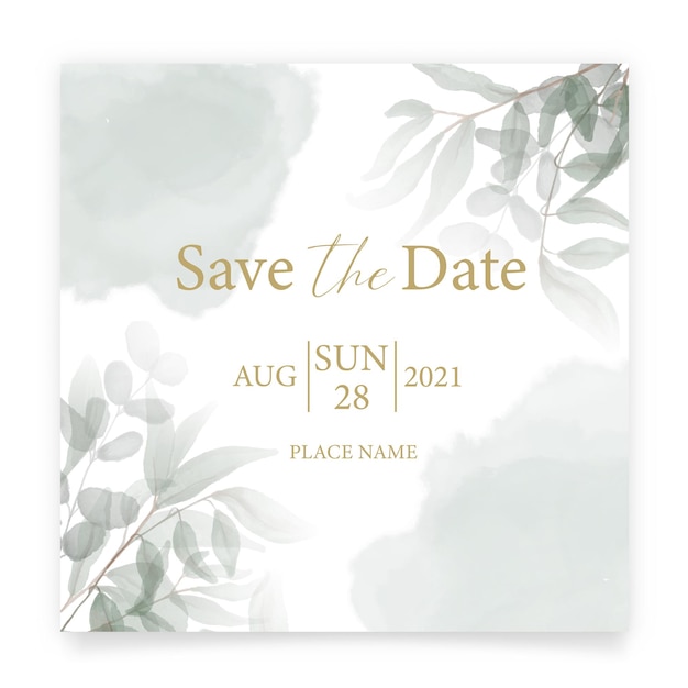 Save the date card Wedding invitation template with watercolor green leaves and handmade calligraphy Minimalism style