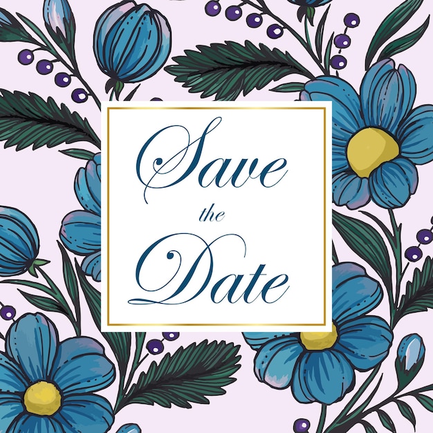 Save the date card with composition of hand drawn flowers and golden frame Floral frame card