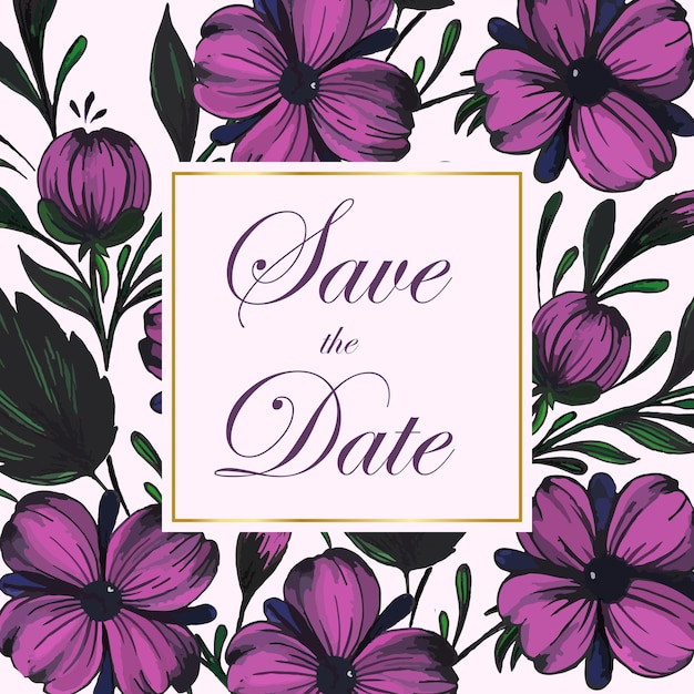 Save the date card with composition of hand drawn flowers and golden frame floral frame card