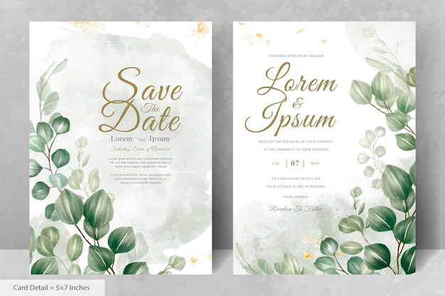 Save the date card with green leaves and gold flowers