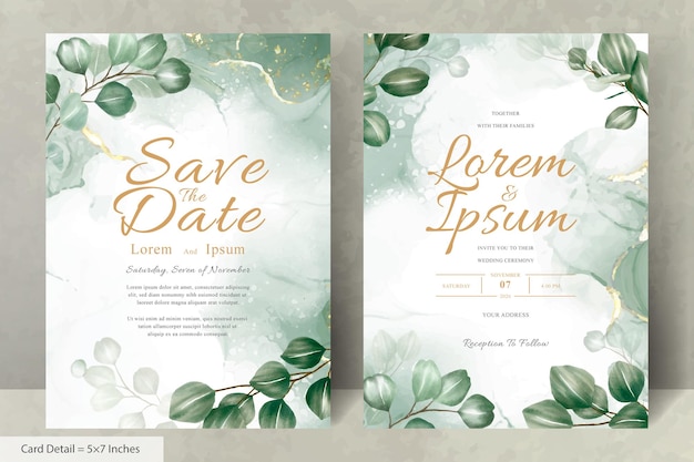 Save the date card with green leaves and gold text