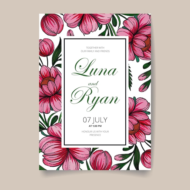 Save the date card with hand drawn ukrainian flowers leaves and branches