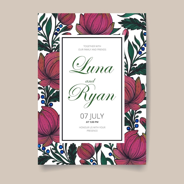 Save the date card with hand drawn ukrainian flowers leaves and branches