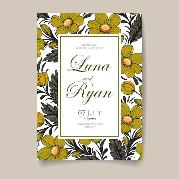 Save the date card with hand drawn ukrainian flowers leaves and branches