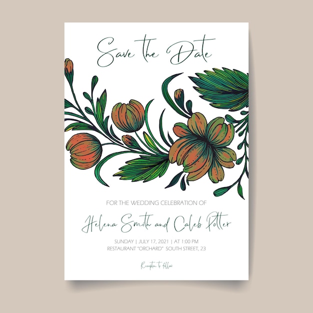 Save the date card with handdrawn ukrainian flowers leaves and branches