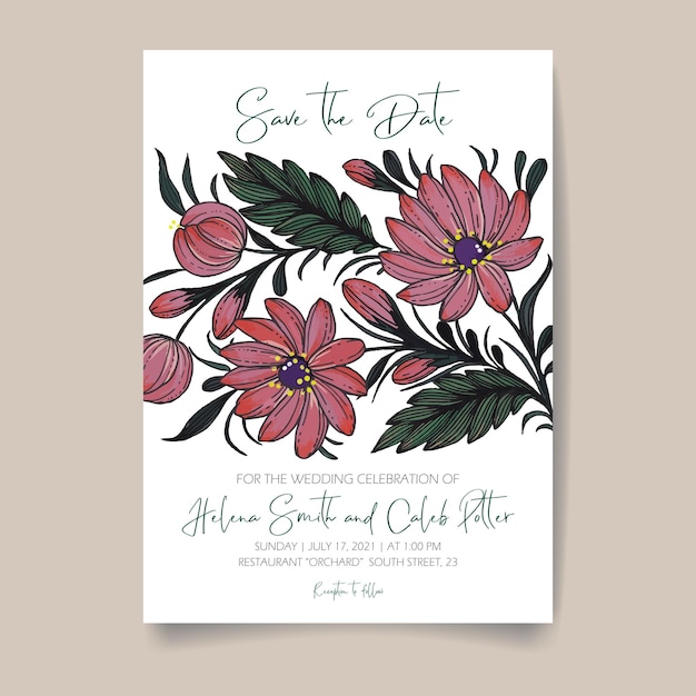 Save the date card with handdrawn ukrainian flowers leaves and branches