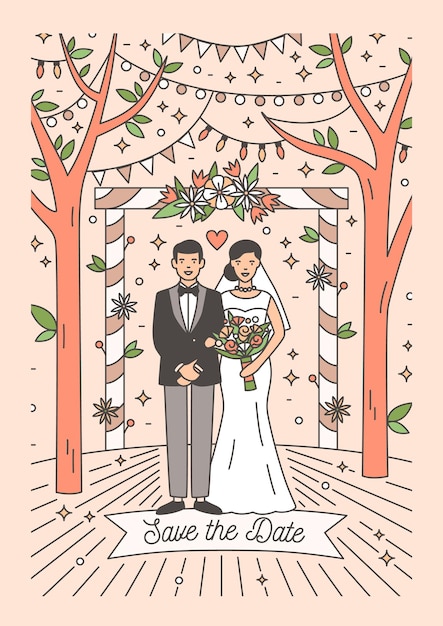 Save the date card with happy newlywed couple