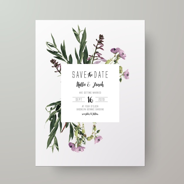 Vector a save the date card with purple flowers and green leaves.