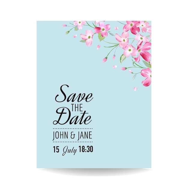 Save the Date Card with Spring Cherry Flowers for Wedding, Invitation, Party, RSVP