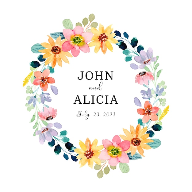 Save the date colorful floral wreath with watercolor