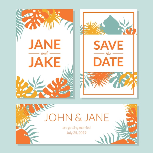 Vector save the date elegant wedding invitation templates set with exotic summer tropical leaves frames with space for text vector illustration web design