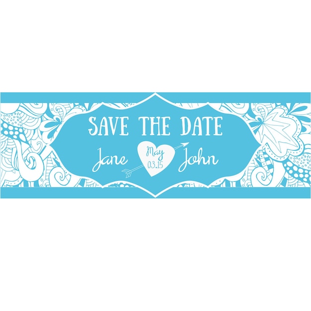 Сохранить дату поздравительной открытки Синий цветочный фон линии каракули Свадебное приглашение