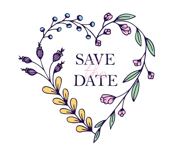 Save the date hand drawn hearts with stylized flowers