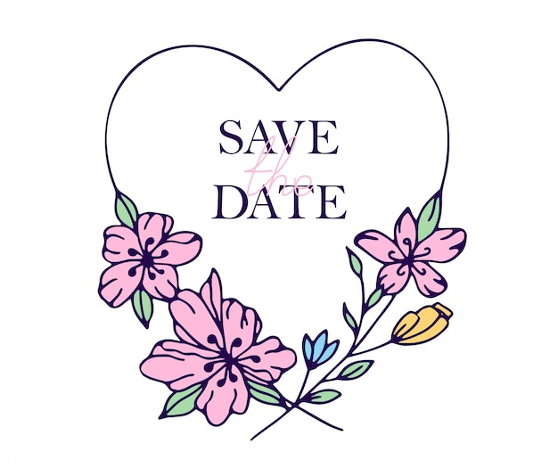 Save the date hand drawn hearts with stylized flowers