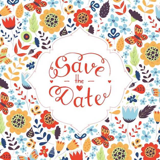 Vector save the date hand lettering on floral pattern