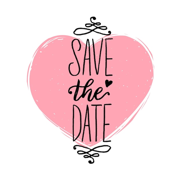 Save The Date, hand lettering. Vector calligraphic inscription on heart shape background.