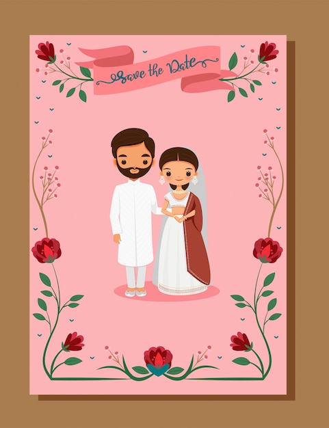 Save the date,Indian wedding card with cute bride and groom in traditional dress on wedding invitation card template