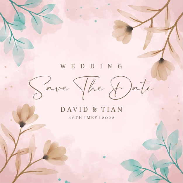 Save the date invitation with elegant leaves in watercolor style