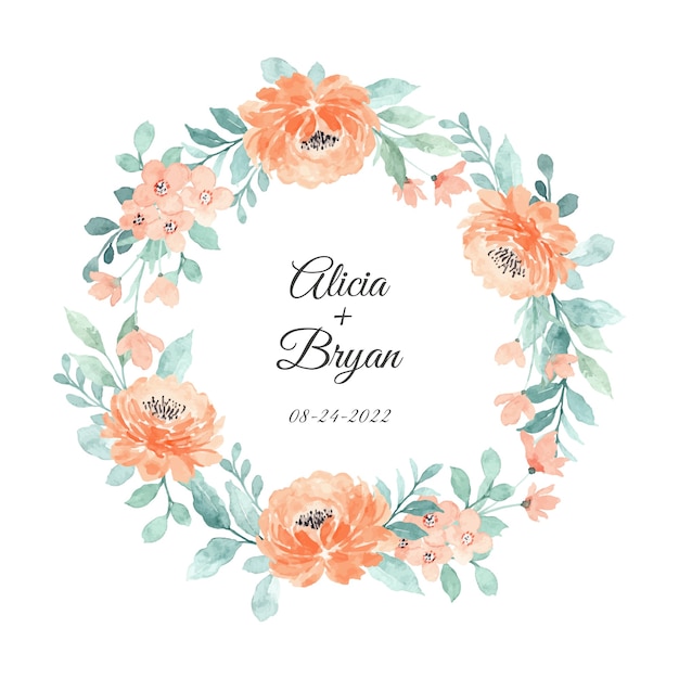 Save the date. peach floral watercolor wreath