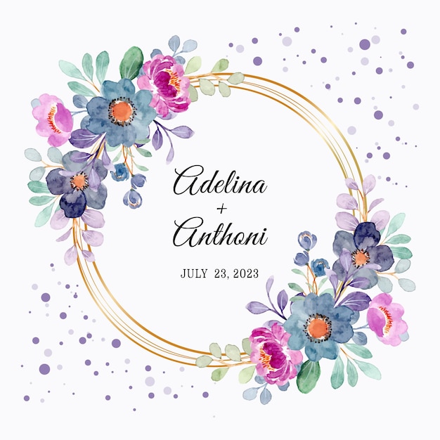 Save the date. purple floral wreath watercolor with golden frame