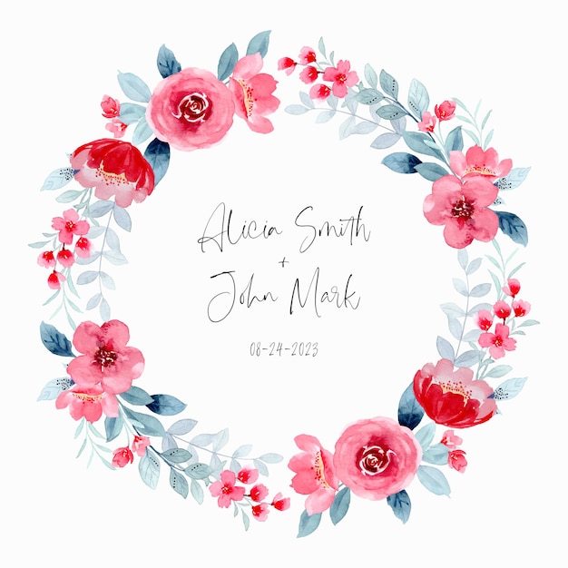 Save the date red flower wreath with watercolor