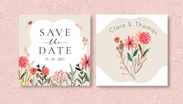 Vector save the date square background with watercolor wildflowers