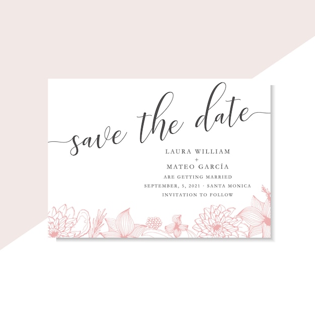 Save the date template with line art pink flowers and leaves