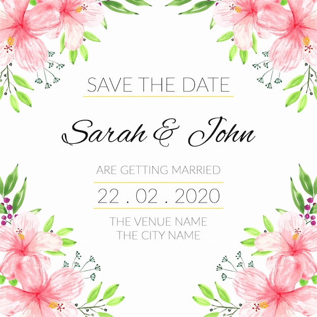 Save the date template with watercolor hibiscus floral frame