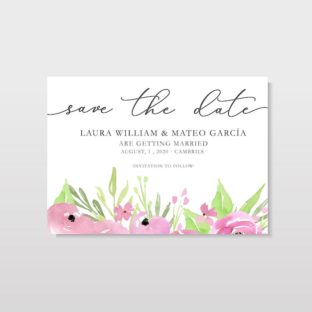 Save the date template with watercolor pink flowers and leaves