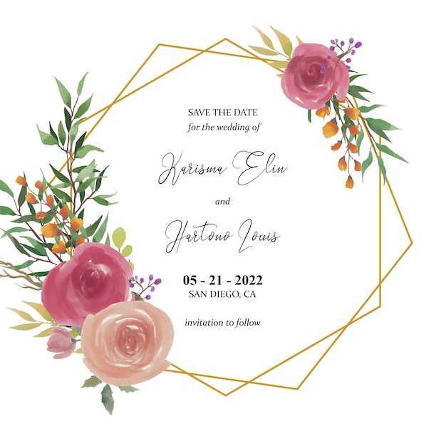 Save the date template with watercolor roses flower decoration and gold frame