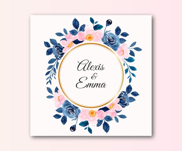 Save the date Watercolor blue pink flower with golden circle