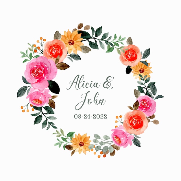 Vector save the date. watercolor pink floral wreath