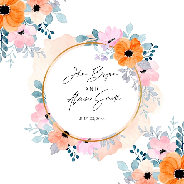 Save the date Watercolor pink flower with gold circle