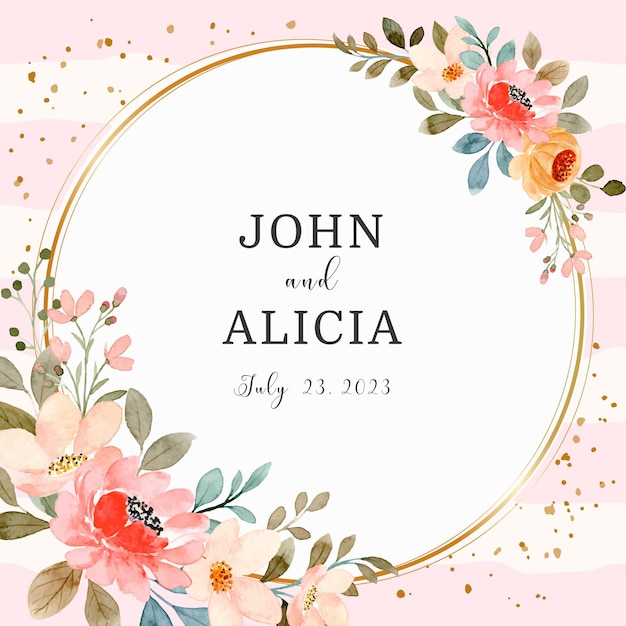 Save the date Watercolor pink flower wreath with golden circle