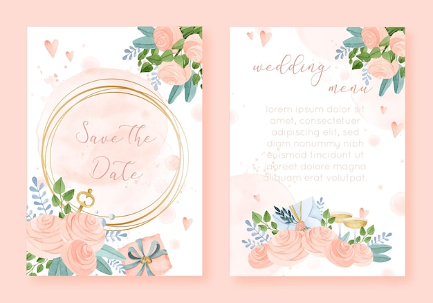 Save the date watercolor wedding invitation with pink roses