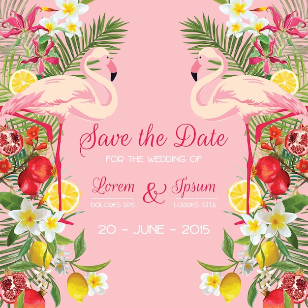 Сохраните дату свадьбы открытка с тропическими цветами, фруктами, птицей фламинго. Цветочный Фон
